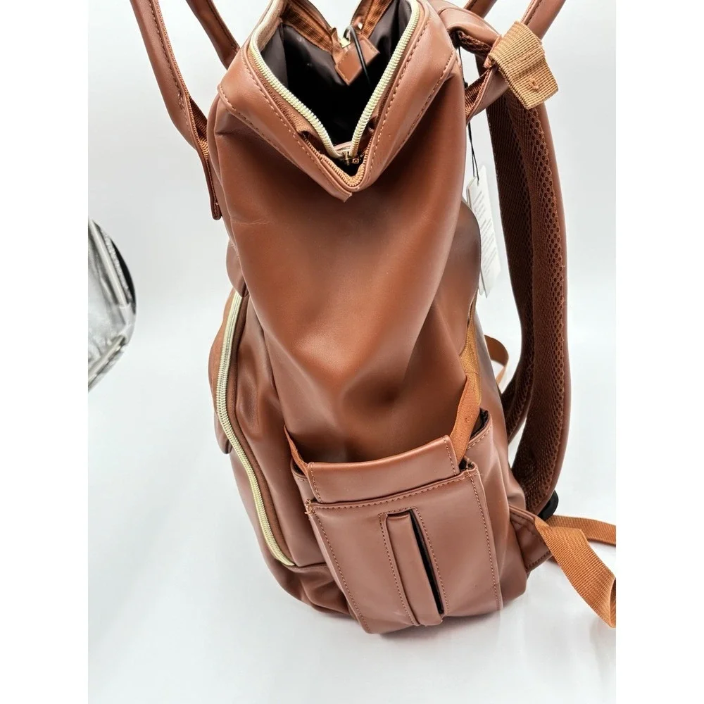 LOVEVOOK Brown Faux Leather Laptop Backpack USB Work Travel‎ Bag Multi Pocket